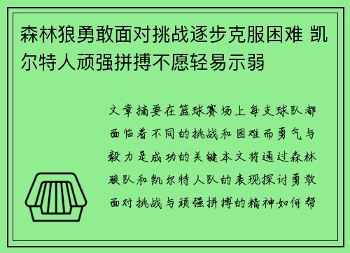 森林狼勇敢面对挑战逐步克服困难 凯尔特人顽强拼搏不愿轻易示弱